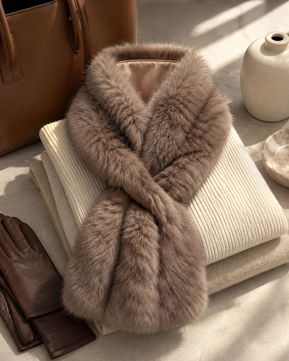 Soft Taupe Brown rectangular fur scarf arranged with neutral workwear and leather accessories