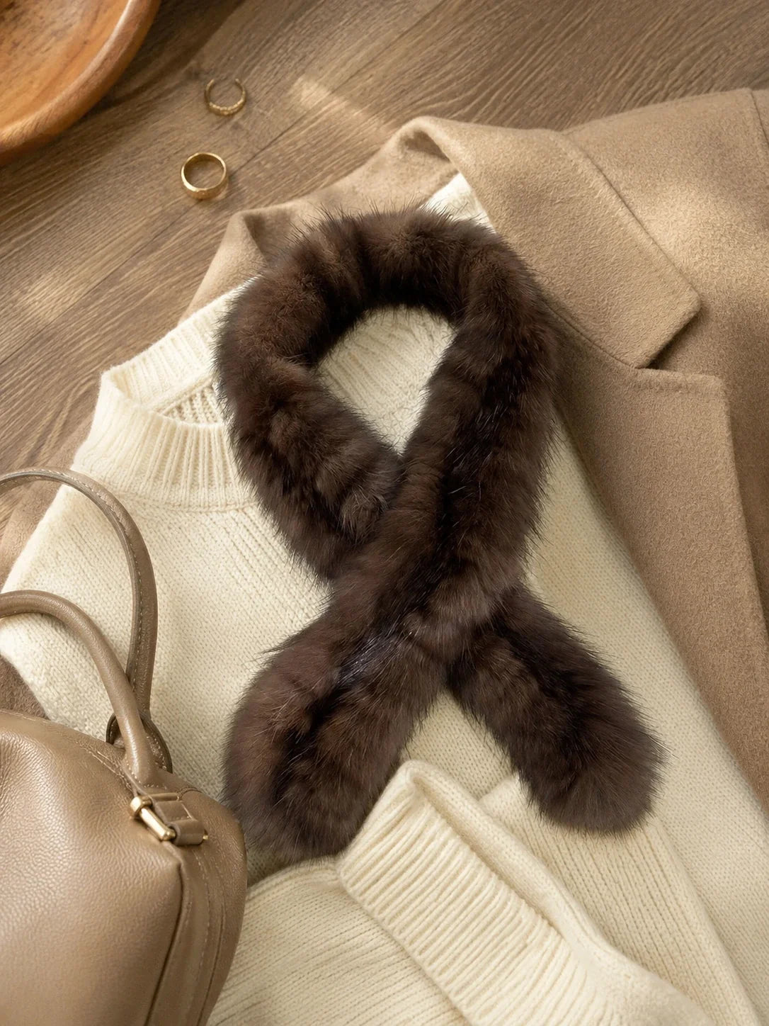 Dark Brown sable fur mini scarf with cream and camel layers