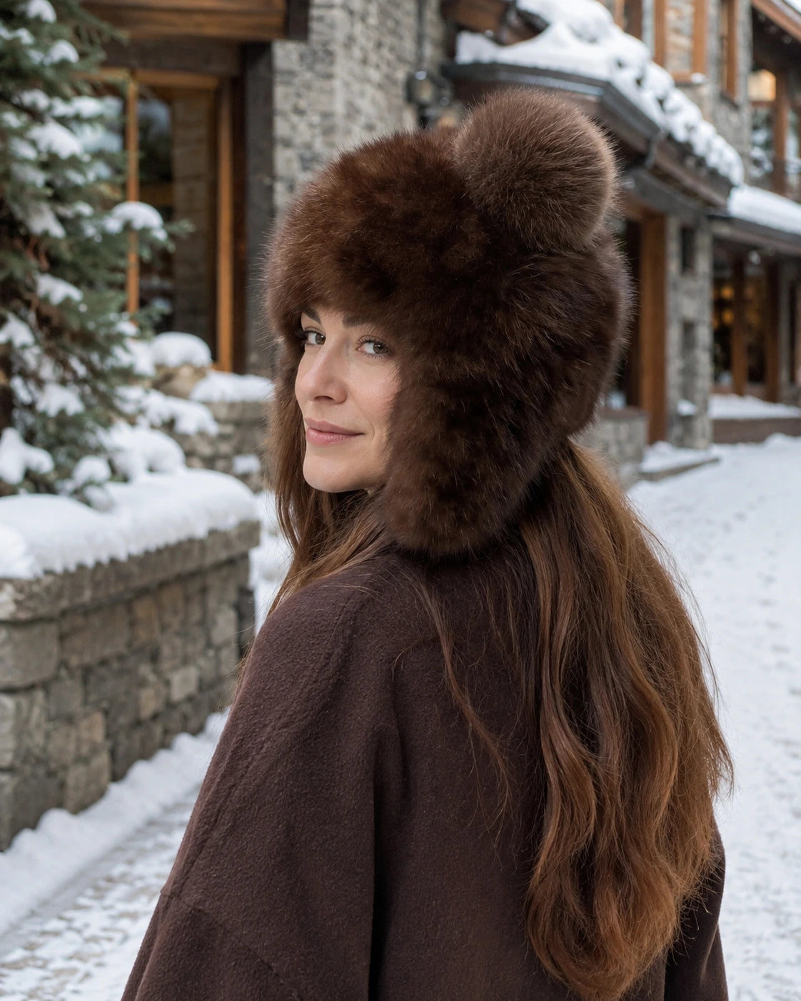 Women's sable fur earflap winter hat with fox fur pom-pom at a snowy lodge