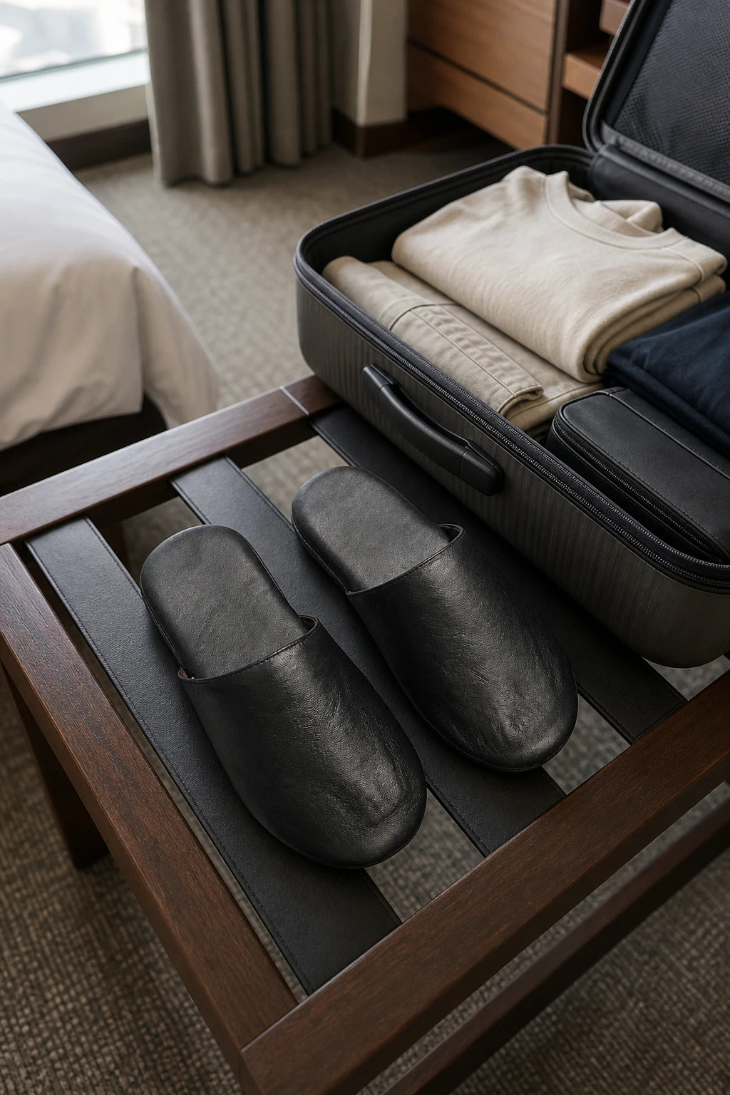Black lambskin travel slippers beside an open carry-on in an American hotel room