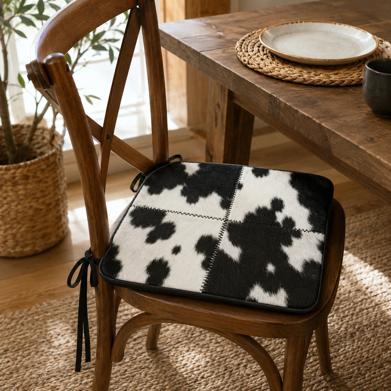 Black and ivory genuine cowhide chair pad tied to a wood dining chair in a warm interior