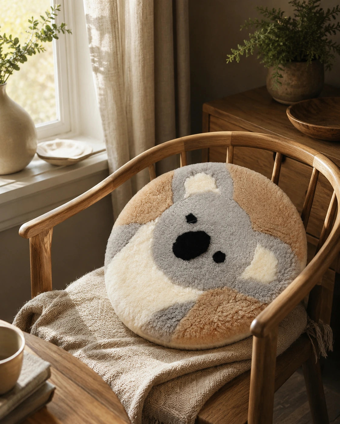 Koala genuine sheepskin round chair pad styled on a cane chair