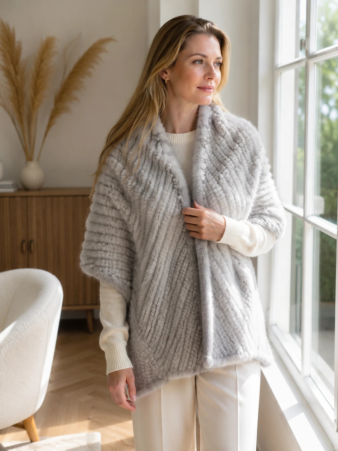 Woman styling a Silver Gray genuine mink fur scarf by a window