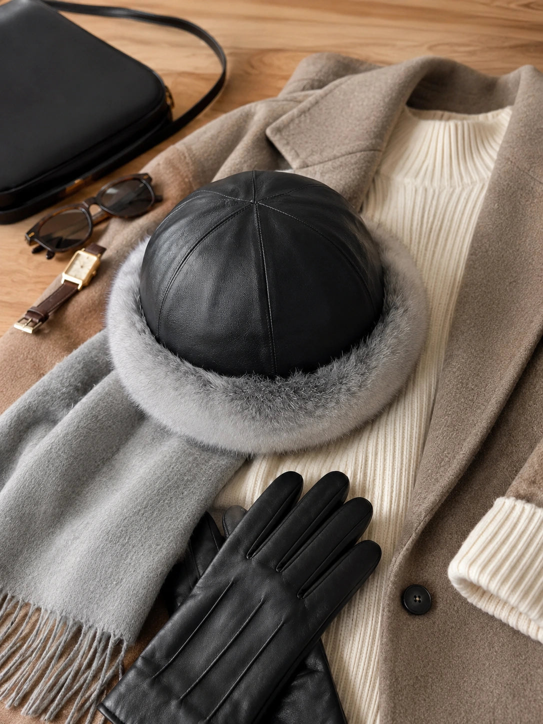 Silver Gray rabbit fur leather winter hat with scarf gloves and bag