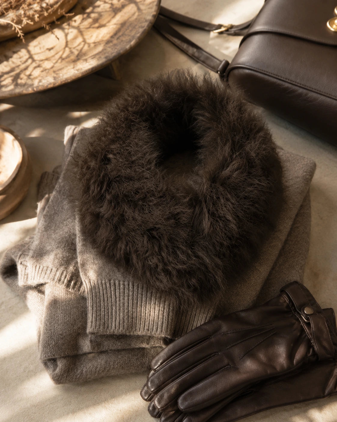 Warm Brown genuine lamb fur magnetic scarf styled with a knit and leather accessories