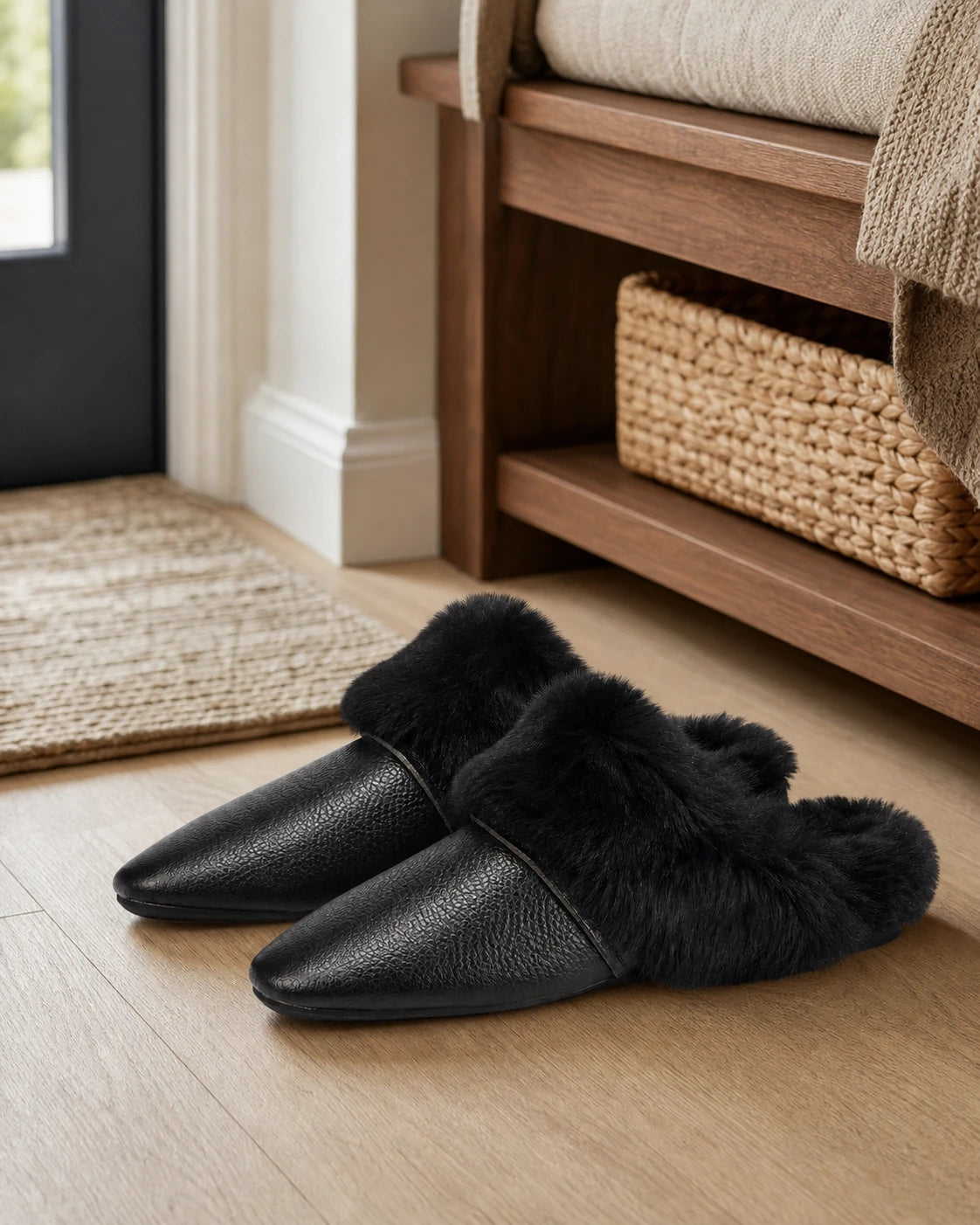 Black cowhide and rabbit fur mule slippers beside a walnut bench in an American entryway