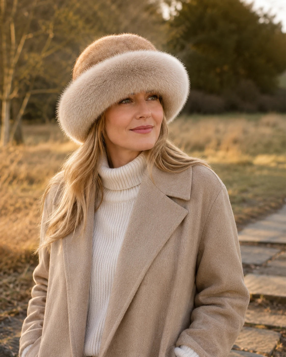 Light Brown genuine fur bucket hat shown as product and worn view