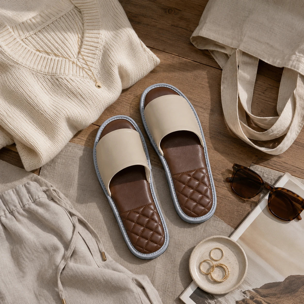 Stone gray lambskin leather slippers styled with a neutral weekend wardrobe
