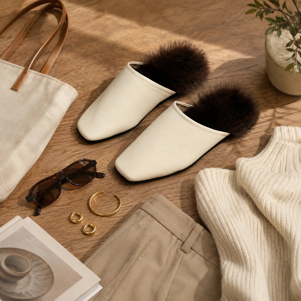 Cream mink fur-trim mule slippers styled with a quiet neutral wardrobe