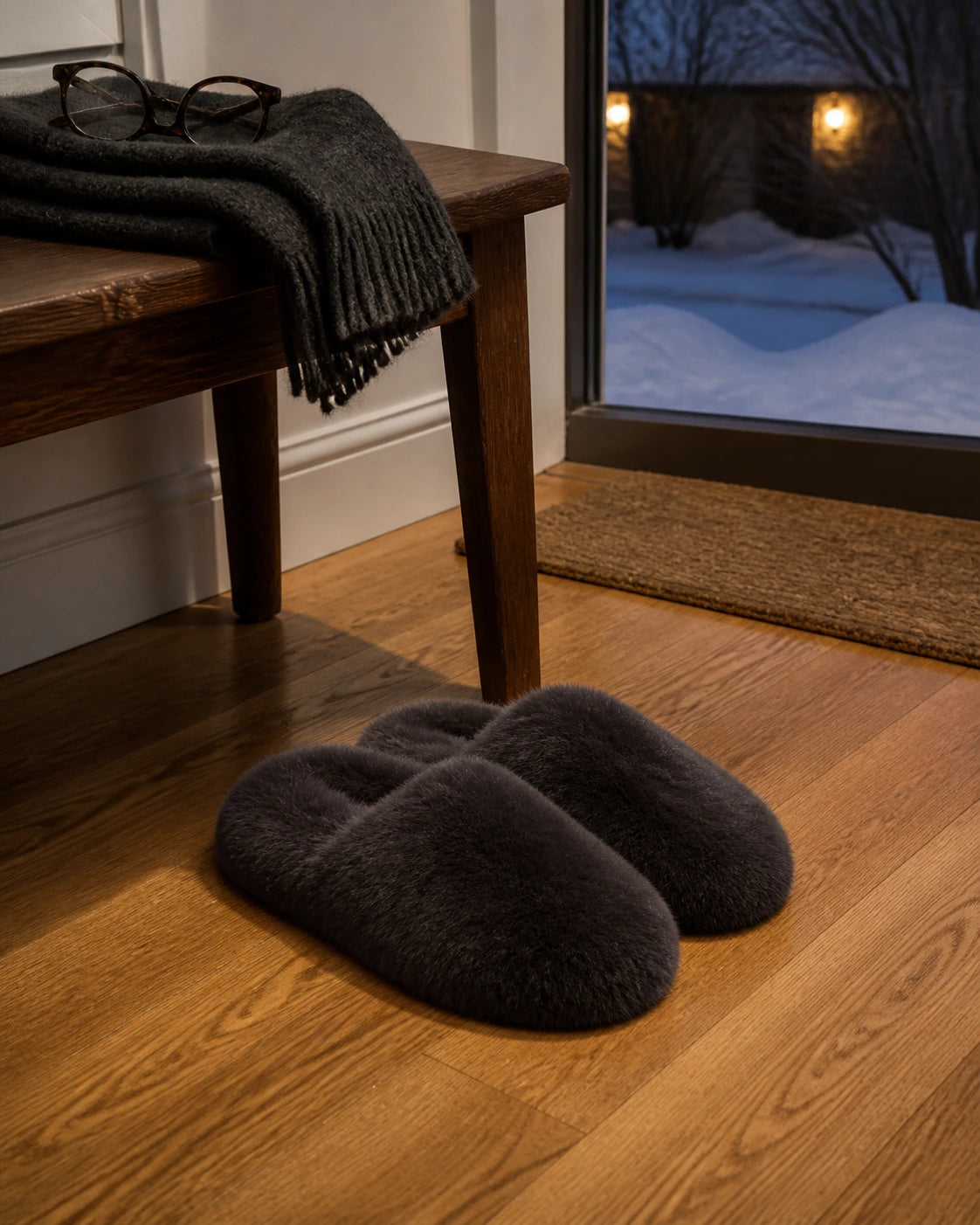 Deep Brown rabbit fur slippers styled in an American winter entryway