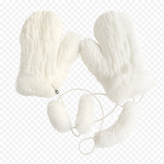 Natural White genuine Rex rabbit fur knit mittens, product view