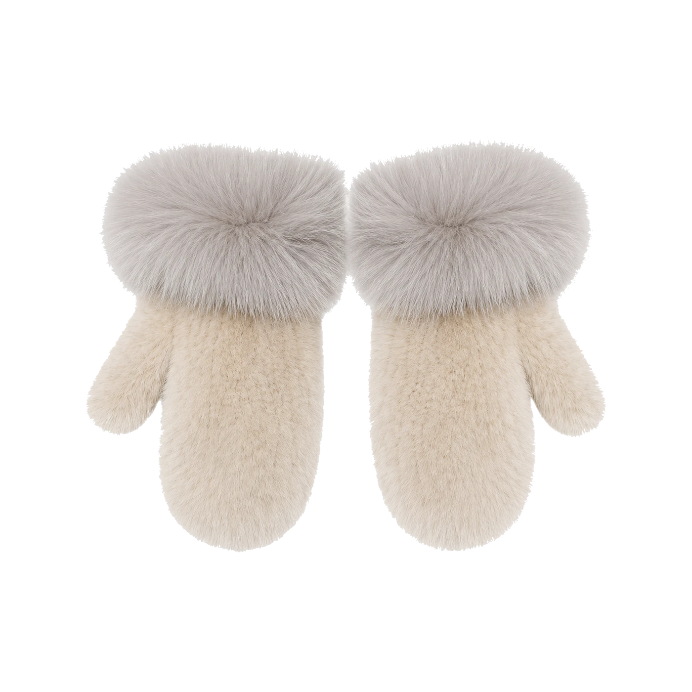 Khaki Beige genuine mink fur mittens with oversized fox fur cuffs on transparent background