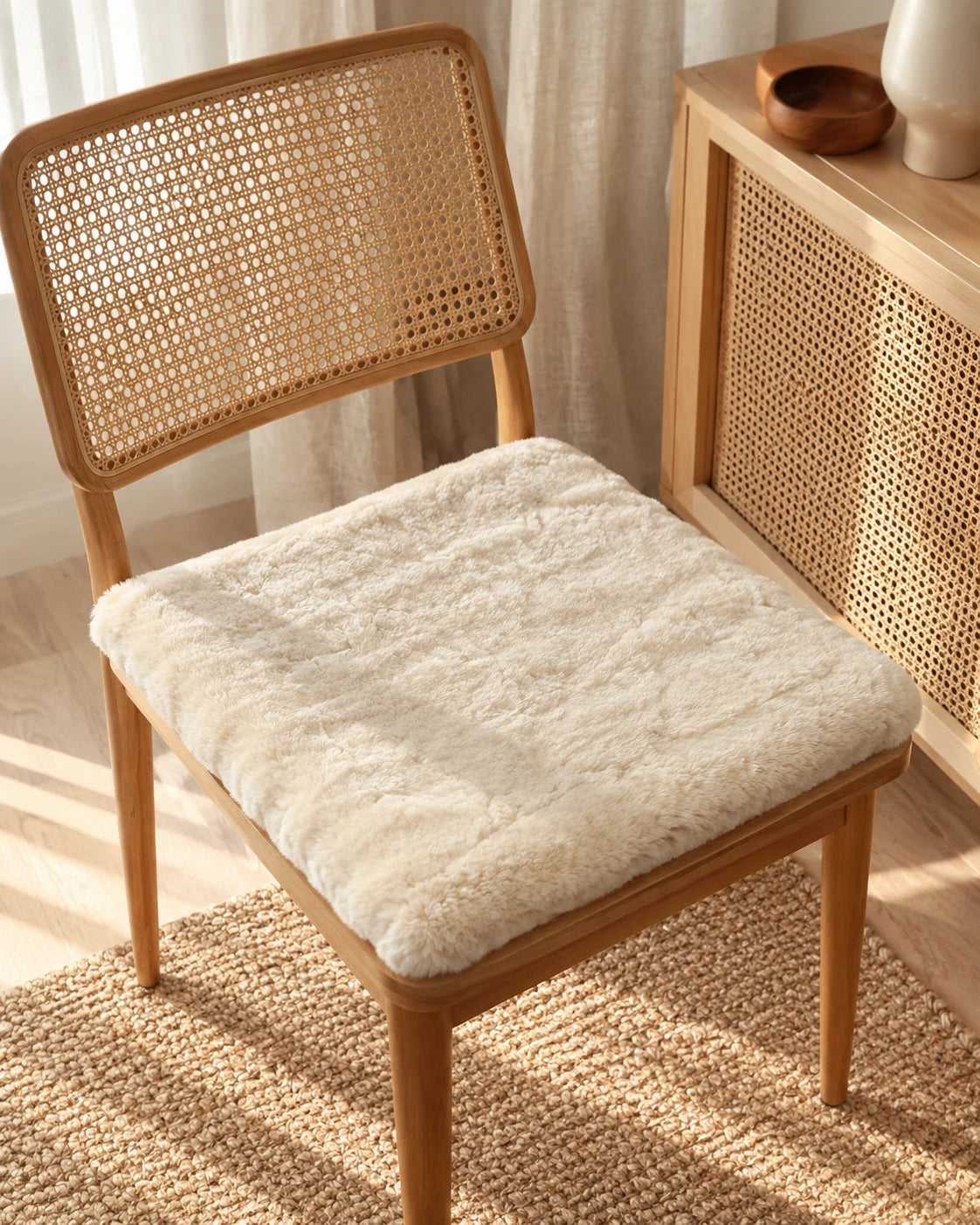 Cream Ivory short-pile sheepskin chair pad styled on a cane chair