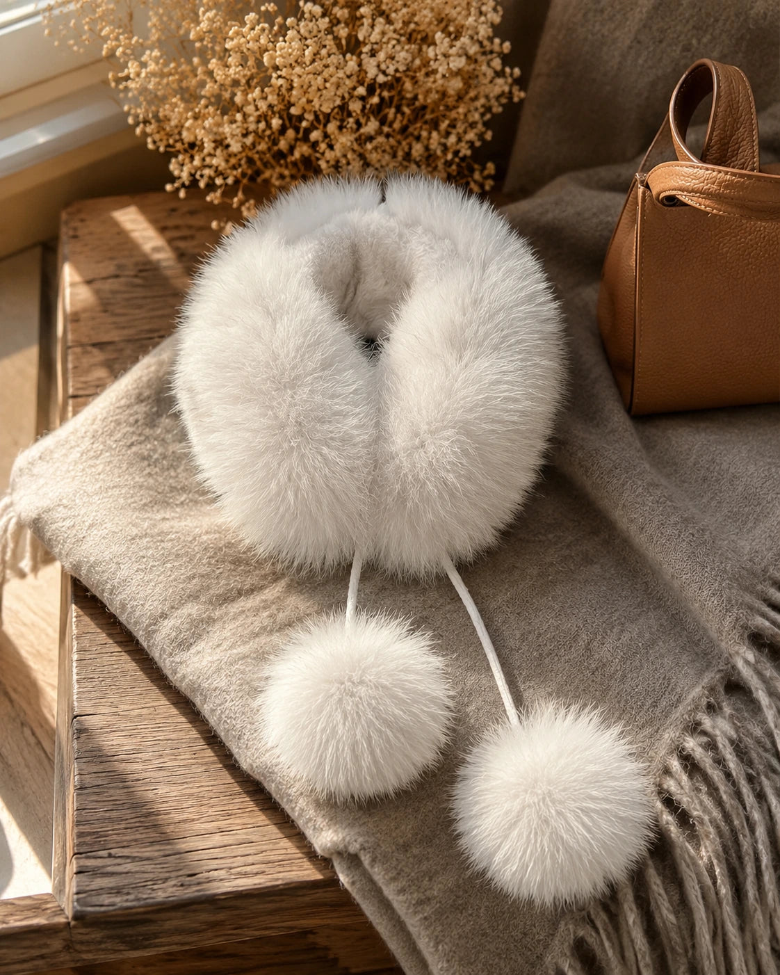 Blue Fox Gray genuine fur loop scarf styled on a wool blanket with a leather bag
