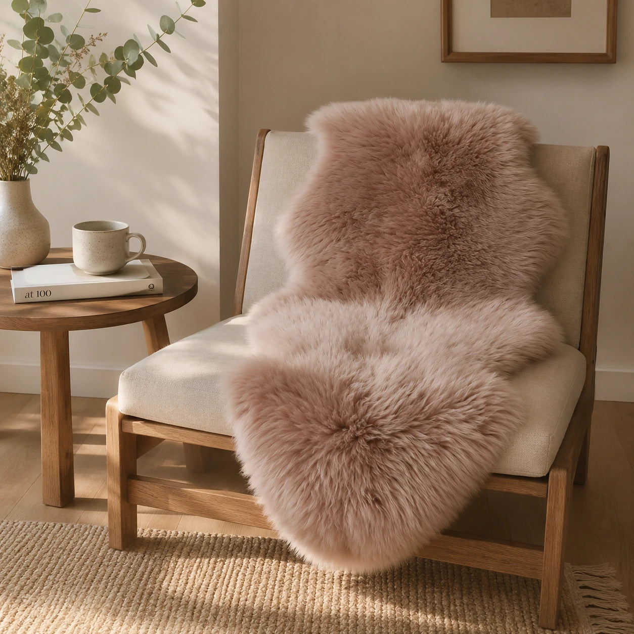 Dusty Rose genuine Australian sheepskin rug on a wood chair