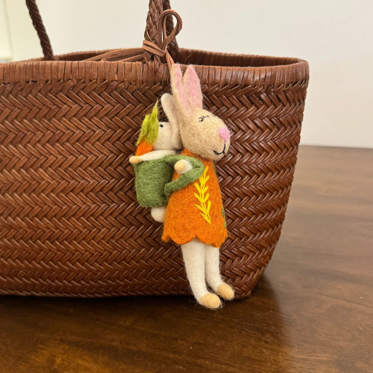Carrot rabbit with baby rabbit wool felt charm
