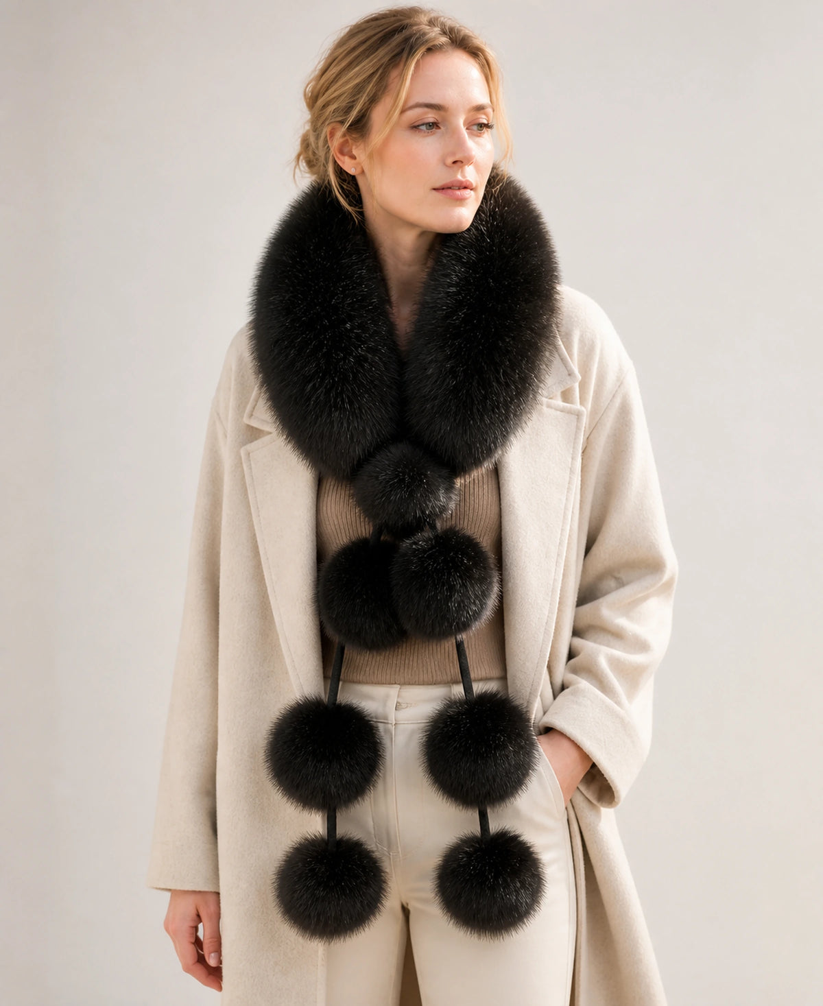 Genuine Fox Fur Pom-Pom Scarf - Double-Sided Winter Collar – Color: Natural Black on-model lifestyle image