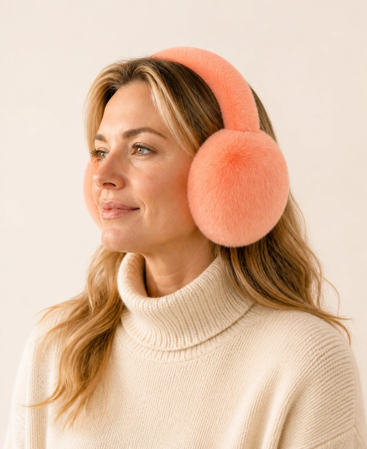 Genuine Rex Rabbit Fur Earmuffs - Adjustable Double-Sided Warmth – Color: Warm Coral on-model lifestyle image