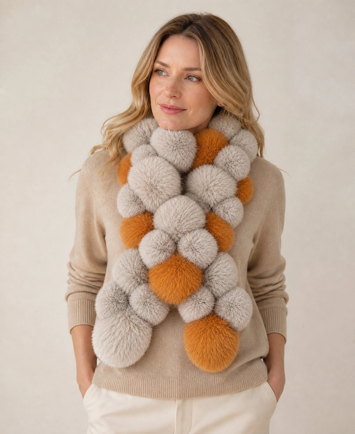 Genuine Rex Rabbit & Asiatic Raccoon Fur Cross Scarf – Color: Raccoon Gray & Amber on-model lifestyle image