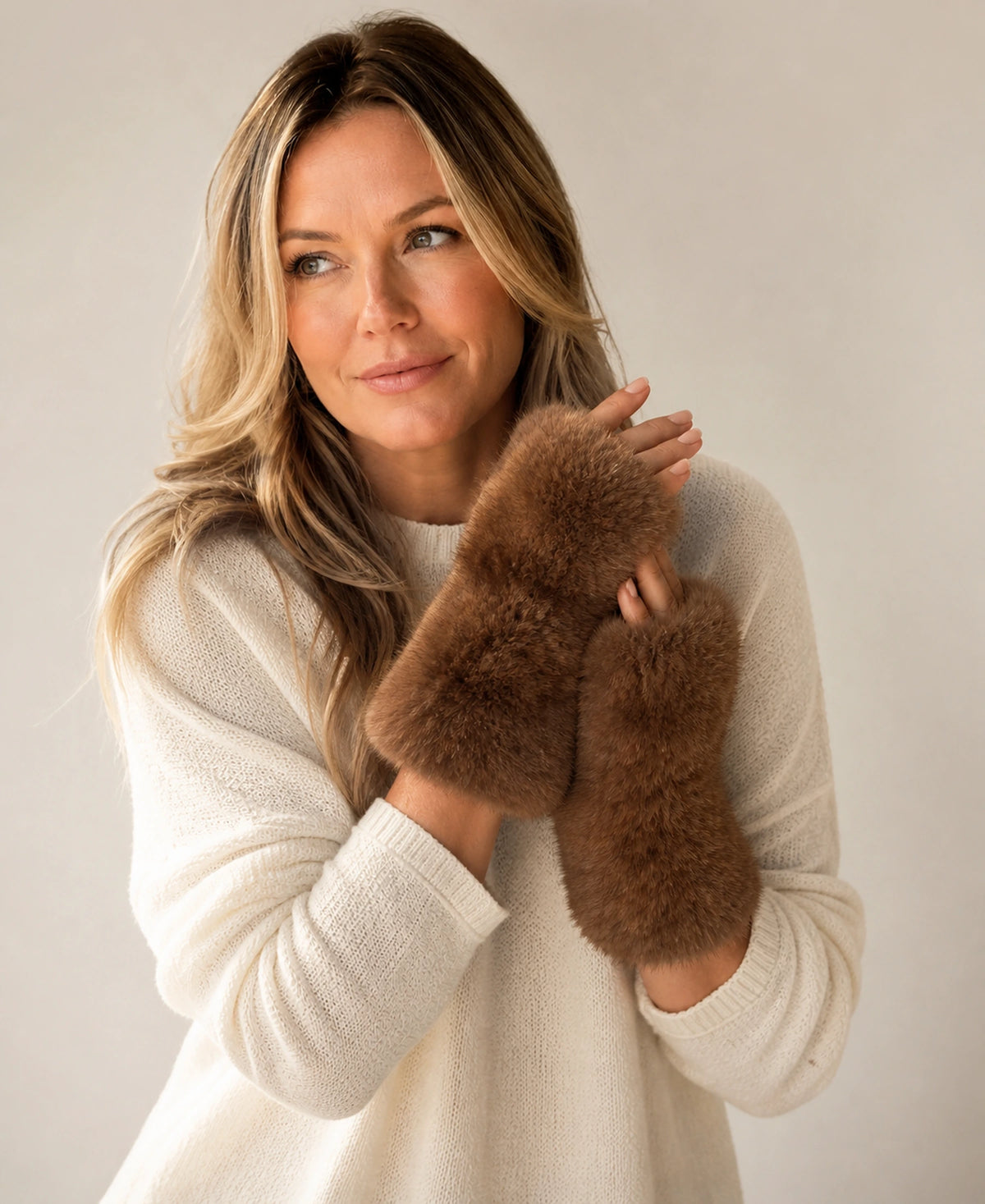 Women's Genuine Sable Fur Fingerless Gloves - Long Winter Cuffs – Color: Dark Natural Brown on-model lifestyle image