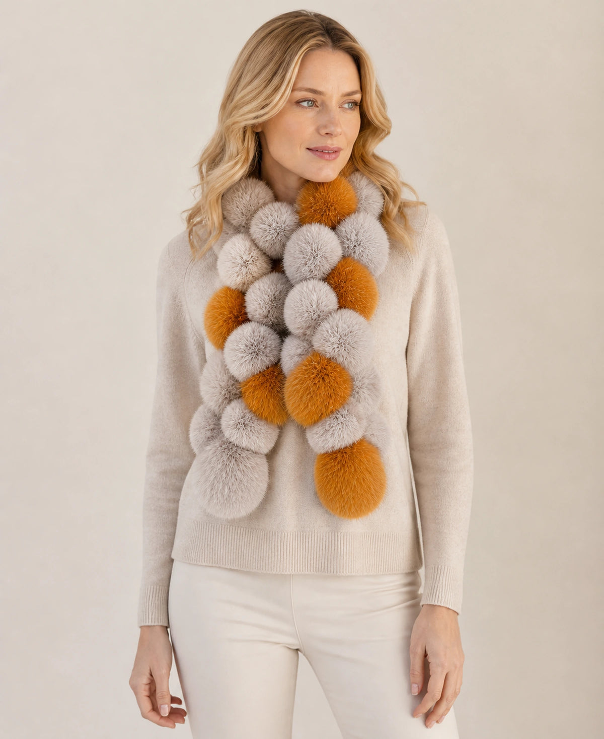 Genuine Rex Rabbit & Asiatic Raccoon Fur Pull-Through Scarf – Color: Raccoon Gray & Amber on-model lifestyle image