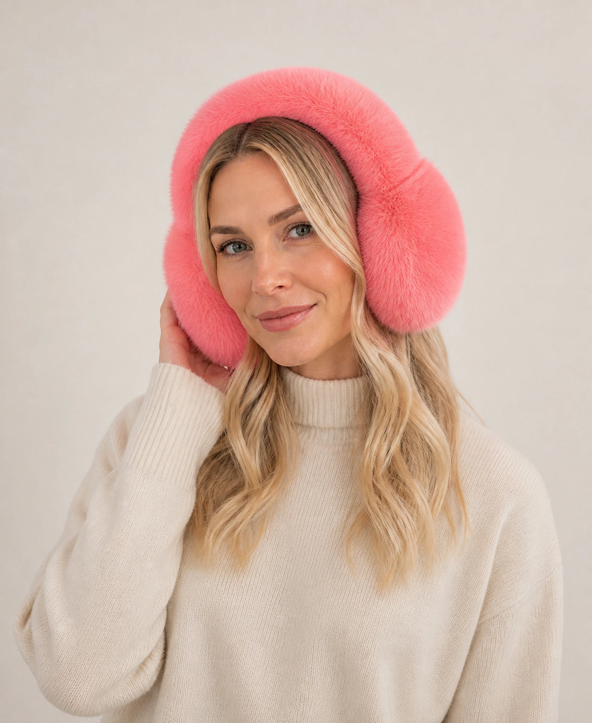 Women's Genuine Fox Fur Earmuffs - Plush Concealed Headband – Color: Watermelon Pink on-model lifestyle image