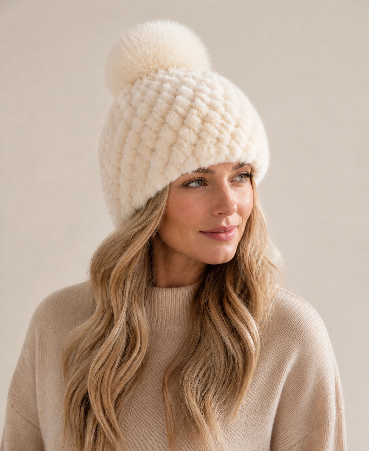 Women's Genuine Mink Fur Knit Beanie - Fox Fur Pom-Pom – Color: Soft Ivory on-model lifestyle image