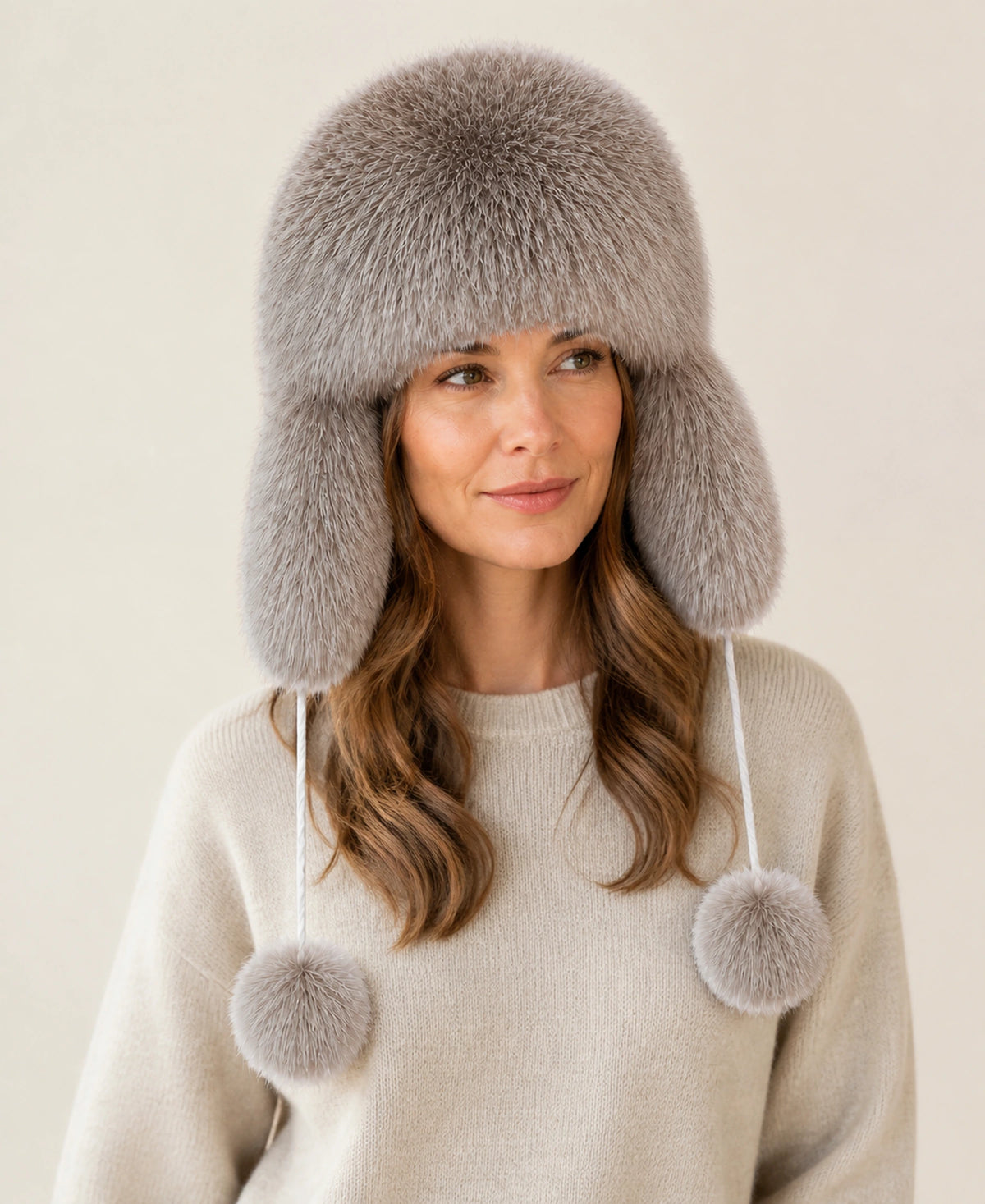 Women's Genuine Fox & Raccoon Fur Ushanka Hat – Color: Silver Fox Natural on-model lifestyle image