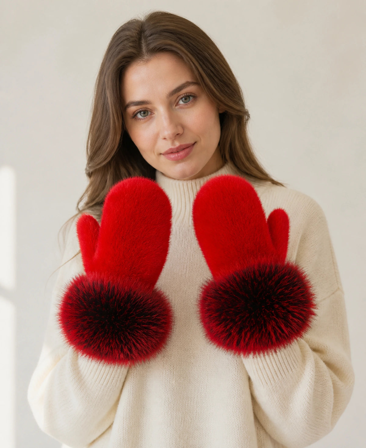 Genuine Mink Fur Mittens with Oversized Fox Fur Cuffs – Color: Scarlet Red on-model lifestyle image