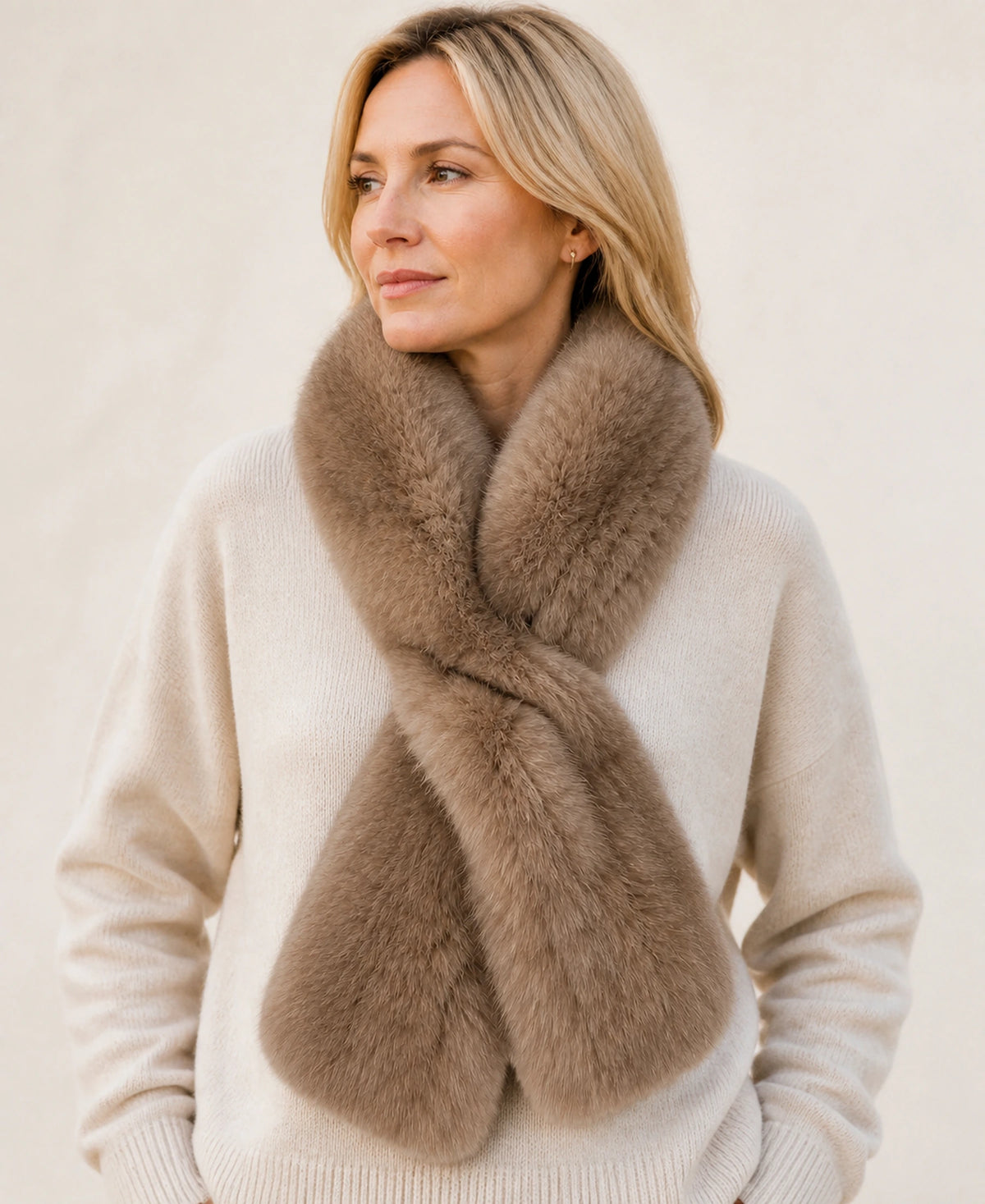 Genuine Sable Fur Rectangular Pull-Through Scarf – Color: Soft Taupe Brown on-model lifestyle image