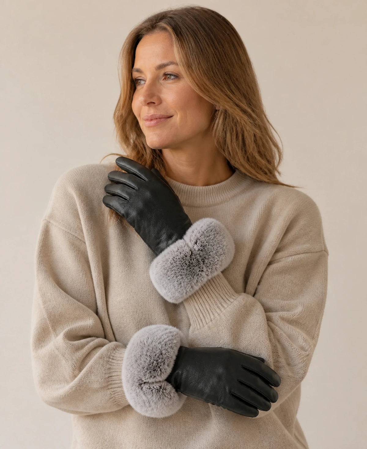 Women's Sheepskin Leather Touchscreen Gloves with Rex Rabbit Fur Cuffs – Color: Black on-model lifestyle image