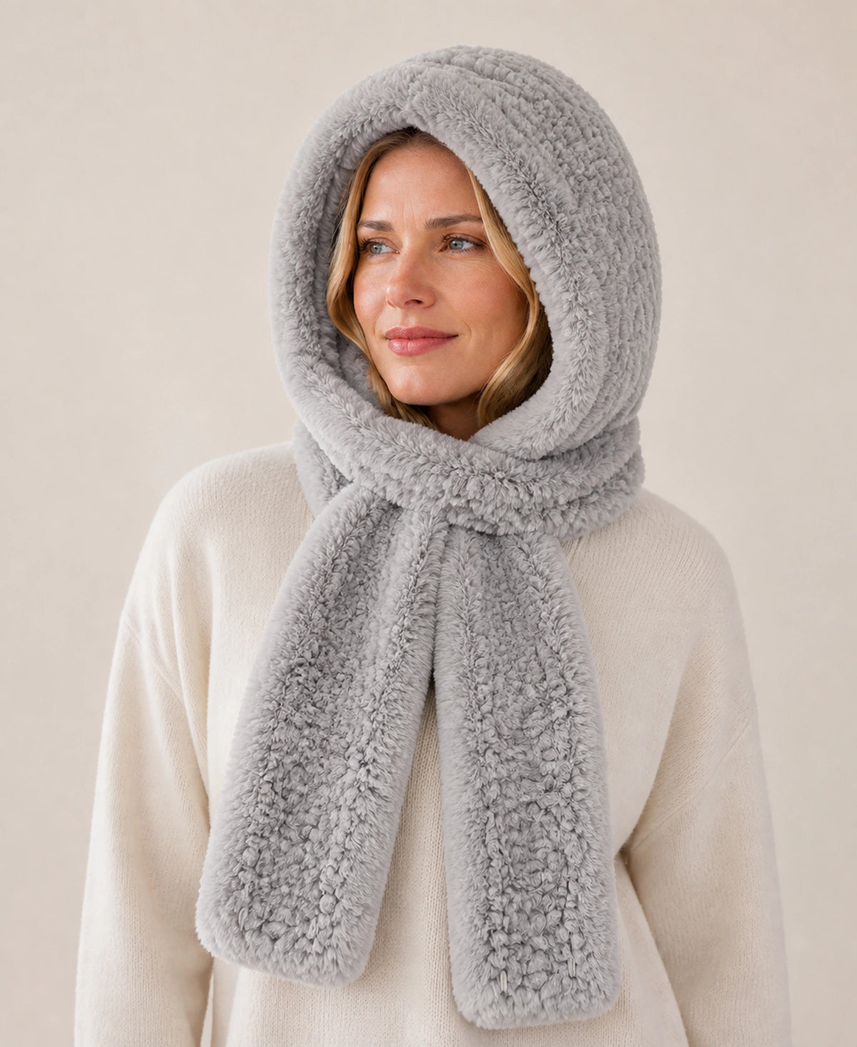 Women's Rex Rabbit Fur Hooded Scarf for Full Ear Coverage – Color: Silver Gray | Style: Separate on-model lifestyle image