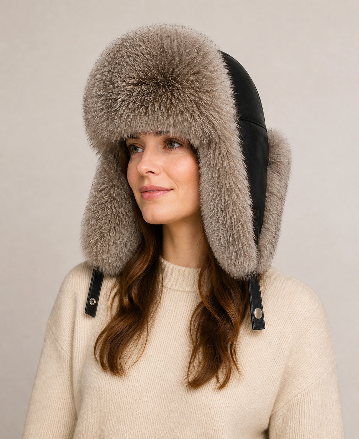 Unisex Raccoon Dog & Fox Fur Sheepskin Ushanka Hat – Color: Silver Fox on-model lifestyle image