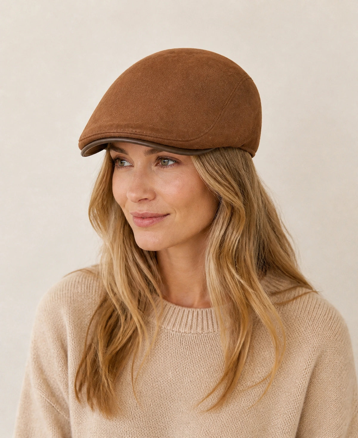 Women's Genuine Sheepskin Leather Newsboy Cap – Color: Warm Camel on-model lifestyle image