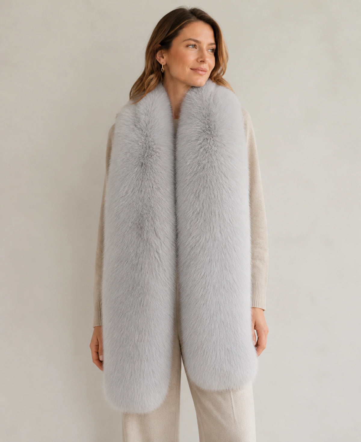 Women's Genuine Fox Fur Double-Sided Long Shawl – Color: Silver Gray on-model lifestyle image