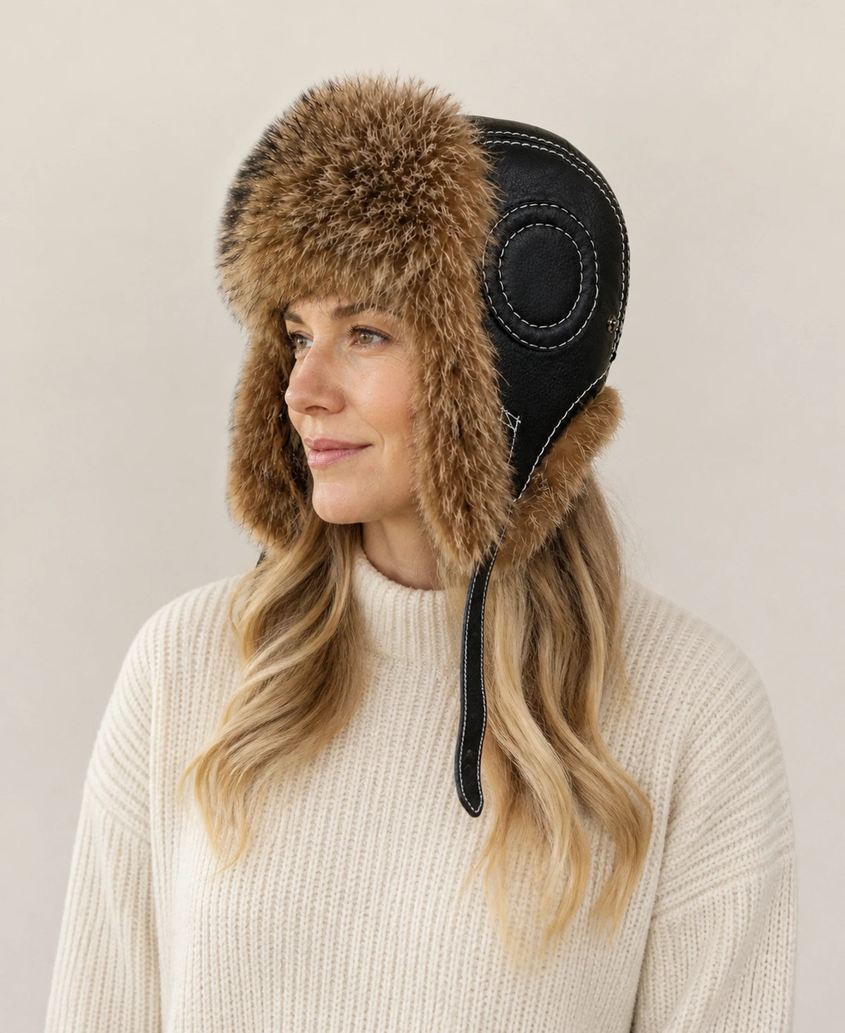 Genuine Raccoon Dog Fur & Sheepskin Leather Trapper Hat – Default on-model lifestyle image