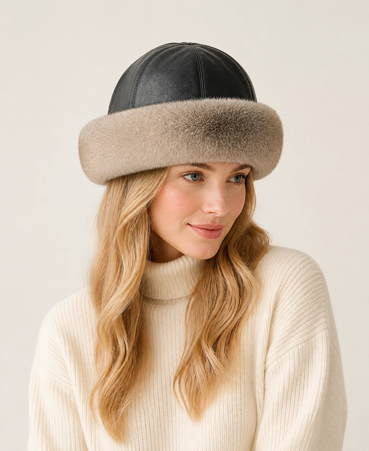 Women's Top-Grain Leather & Rabbit Fur Round Winter Hat – Color: Warm Taupe on-model lifestyle image