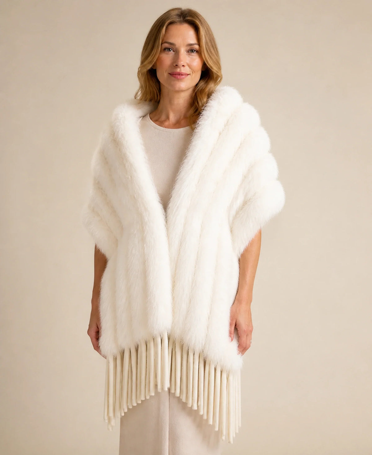 Women's Genuine Fox Fur Fringed Evening Shawl – Color: Ivory Beige on-model lifestyle image