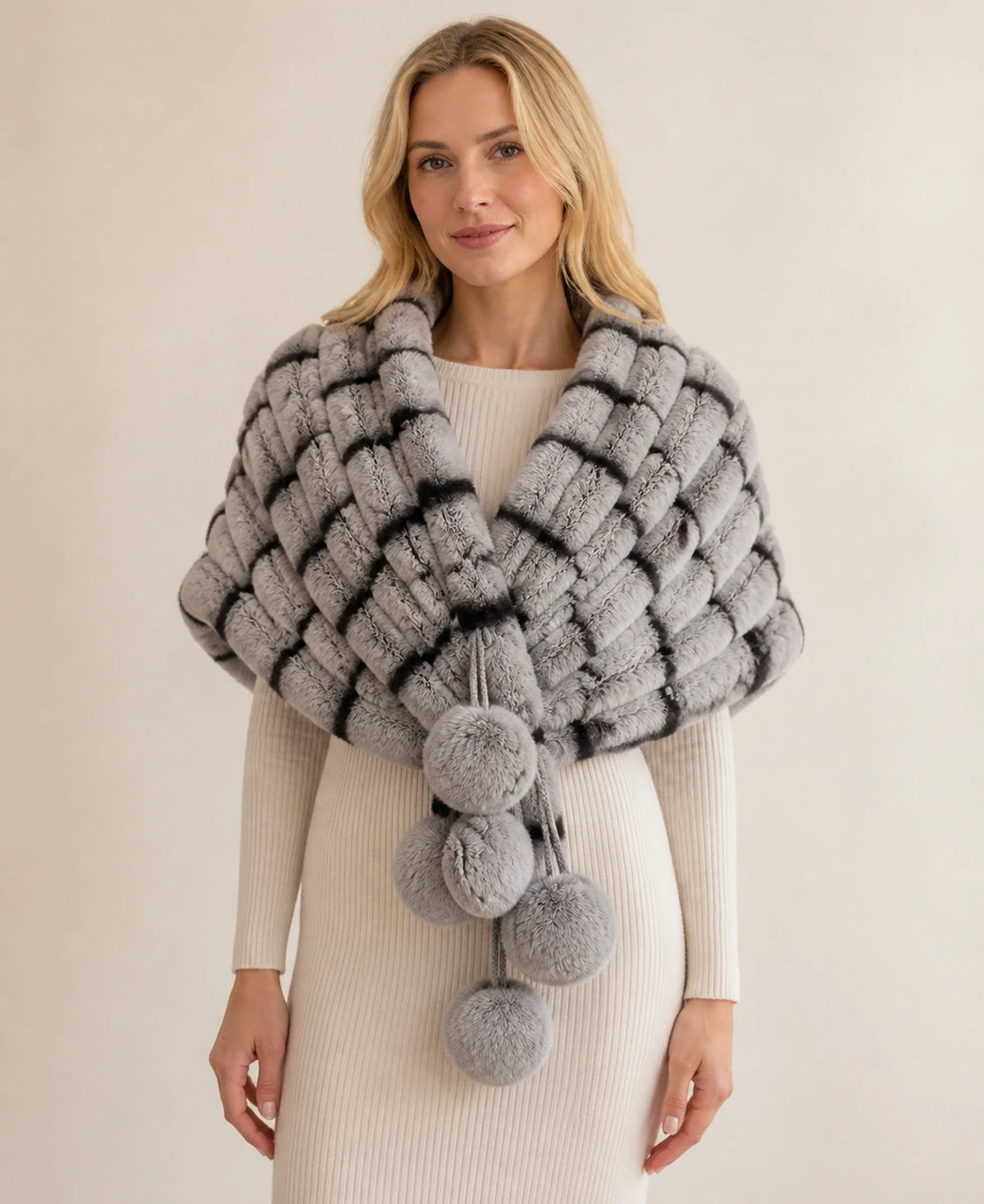 Women's Rex Rabbit Fur Triangle Shawl with Pom-Poms – Color: Chinchilla Gray on-model lifestyle image
