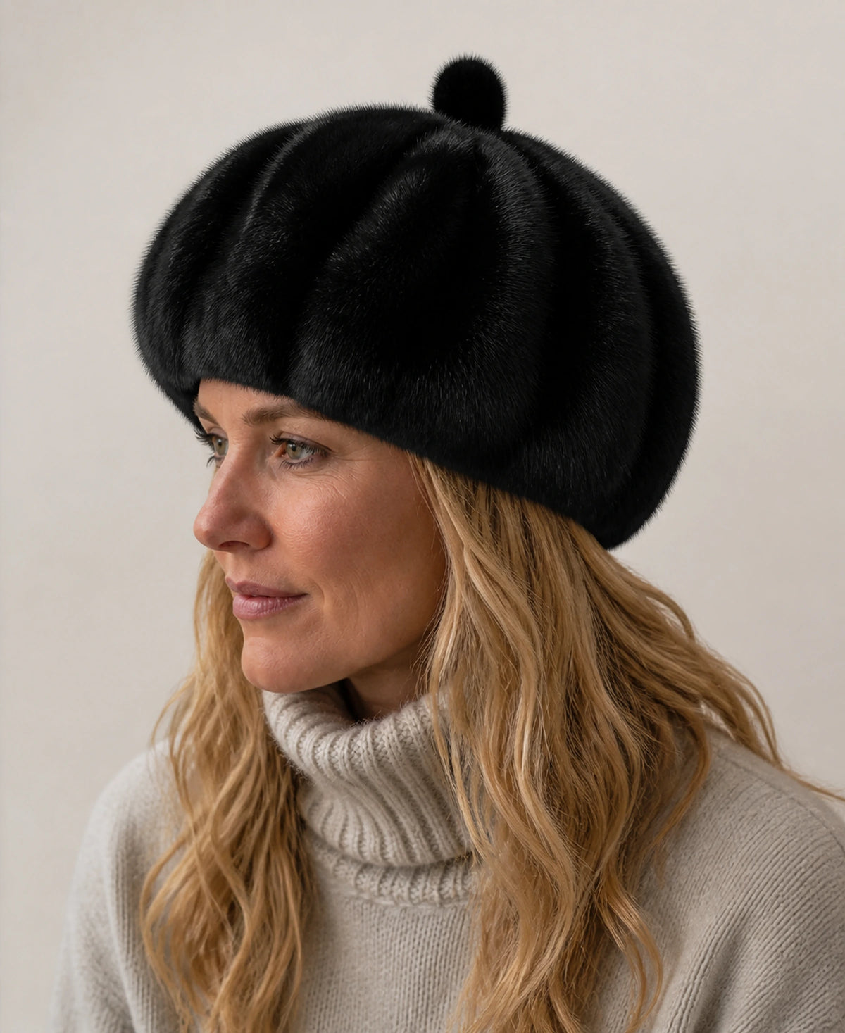 Women's Genuine Mink Fur Paneled Winter Beret Hat – Color: Natural Black on-model lifestyle image