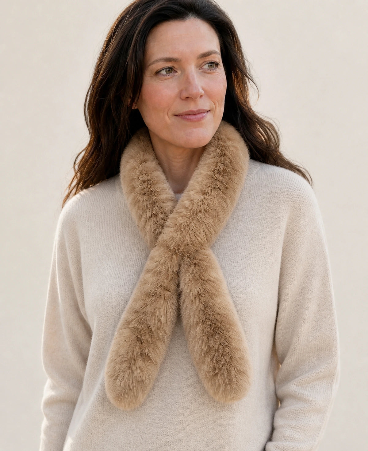 Women's Genuine Sable Fur Mini Pull-Through Scarf – Color: Light Brown on-model lifestyle image