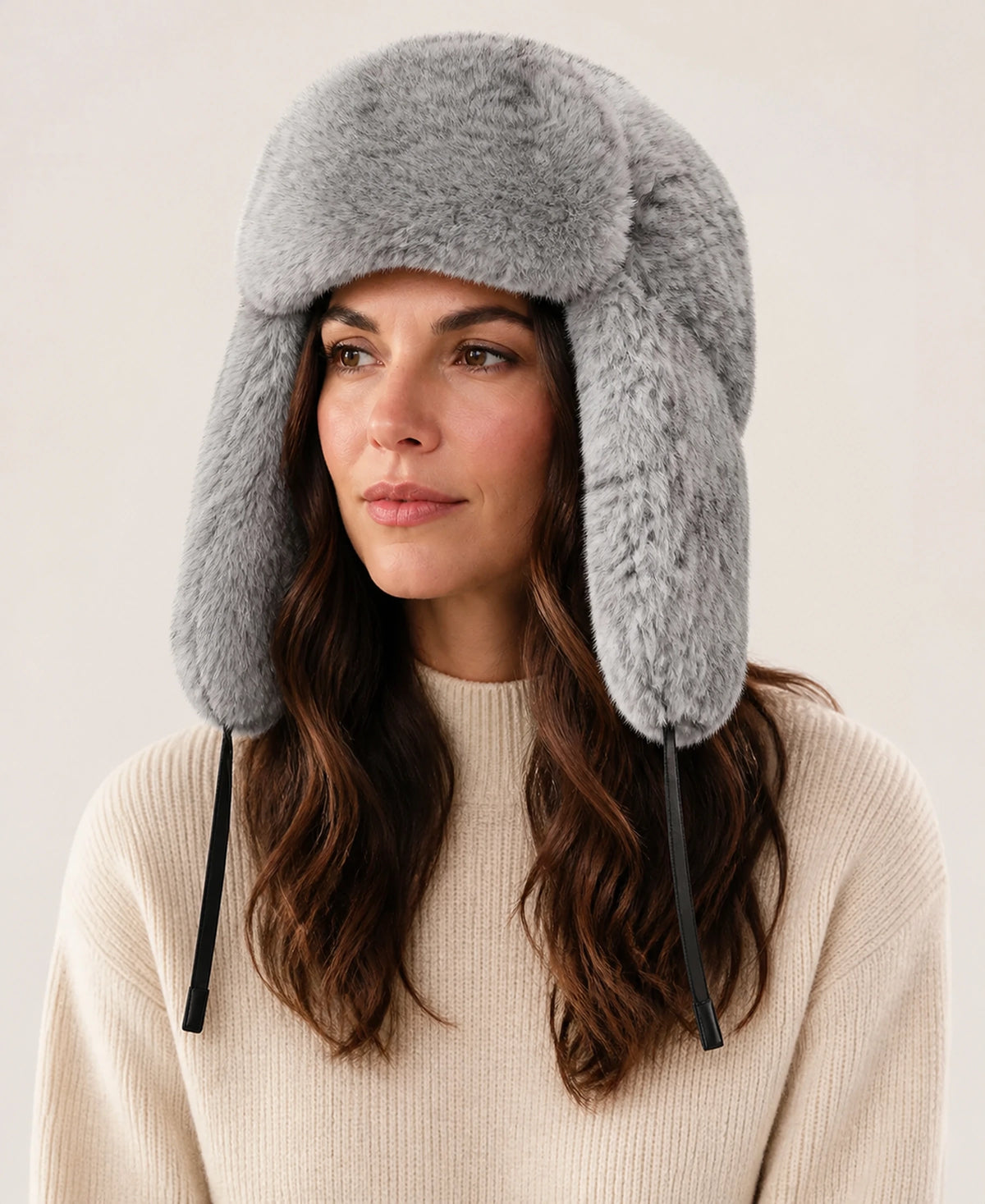 Women's Rabbit Fur Trapper Hat with Ear Flaps – Color: Silver Gray on-model lifestyle image