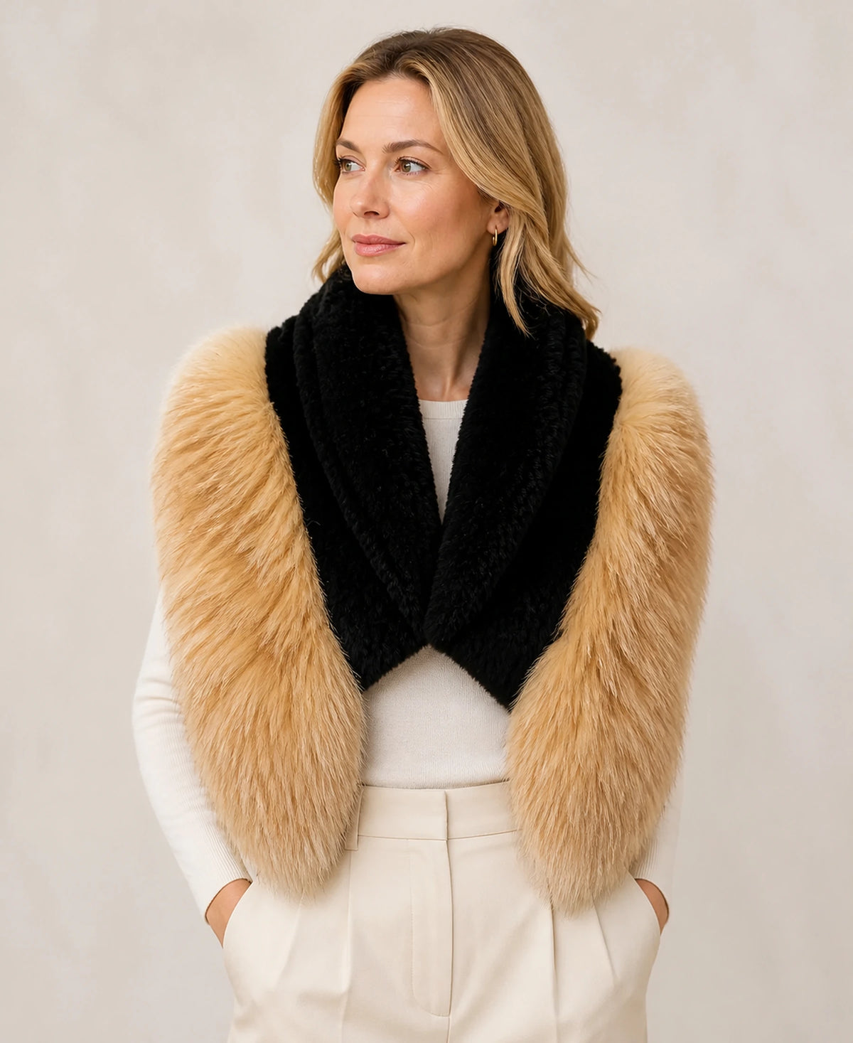 Women's Rex Rabbit Fur & Fox Fur Shawl Collar – Color: Red Fox on-model lifestyle image