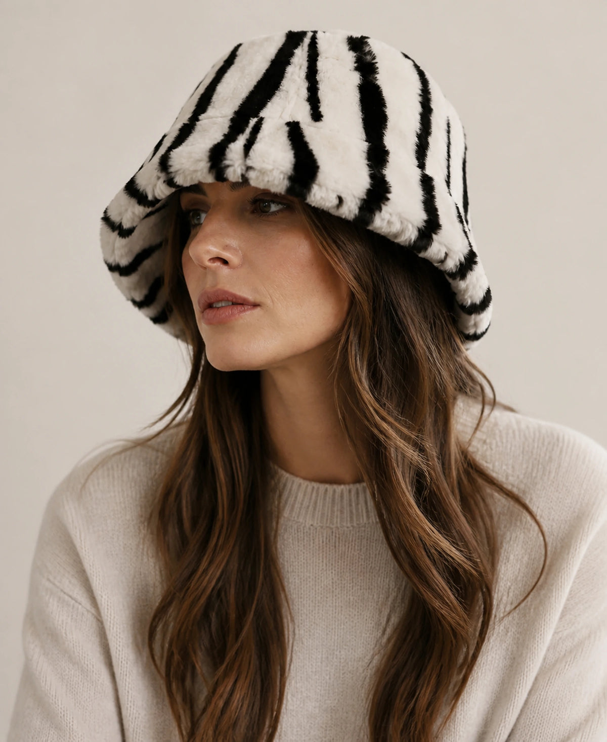 Women's Plush Rex Rabbit Fur Short-Brim Bucket Hat – Color: Vertical Zebra on-model lifestyle image