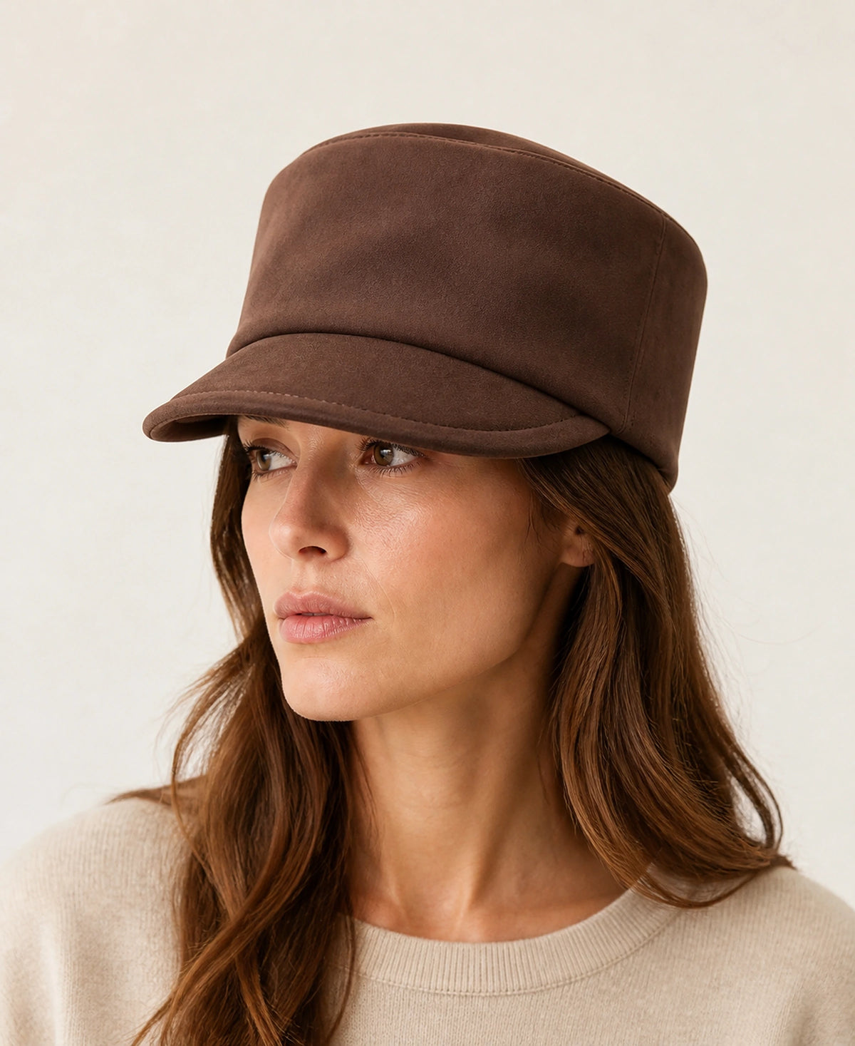 Women's Lambskin Leather Equestrian Riding Cap – Color: Brown Suede on-model lifestyle image