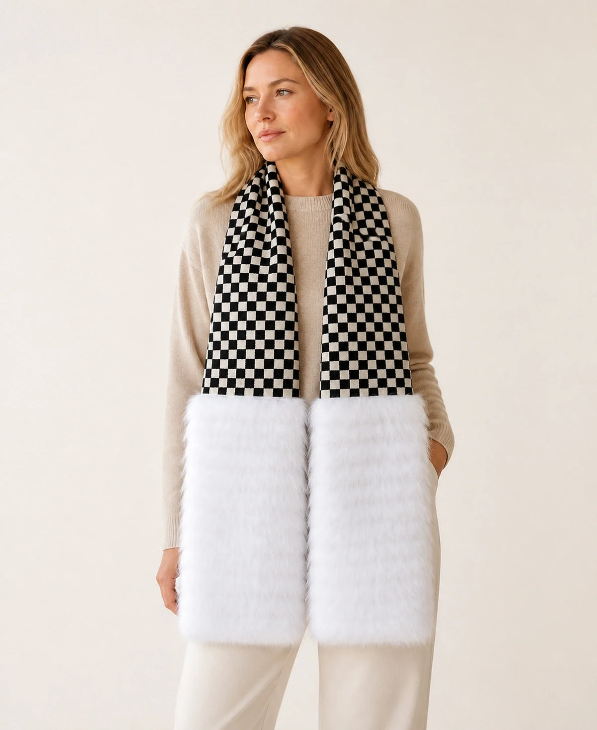 Women's Fox Fur Checkerboard Scarf & Shoulder Wrap – Color: Black & White Check on-model lifestyle image