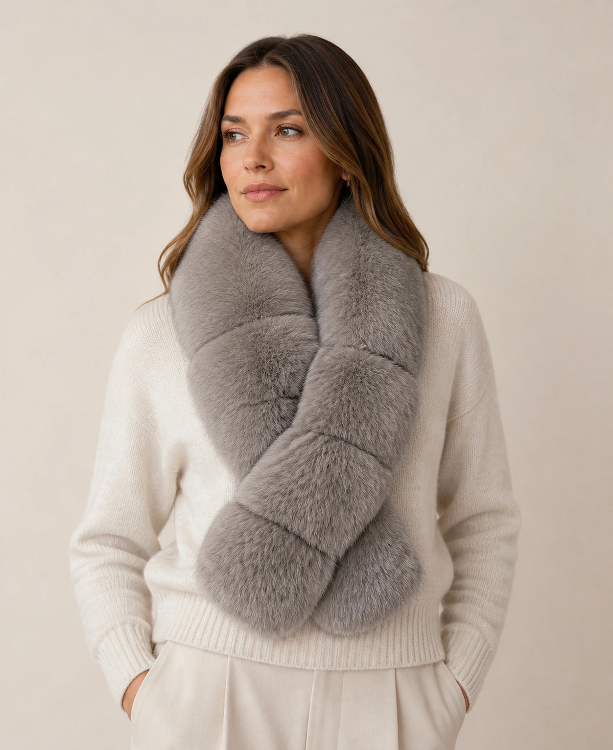 Women's Blue Fox Fur Scarf in Long and Short Lengths – Color and Length: Gray Taupe - Short on-model lifestyle image