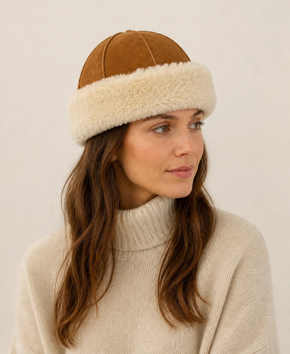 Women's Wool Shearling Round Crown Winter Hat – Default on-model lifestyle image
