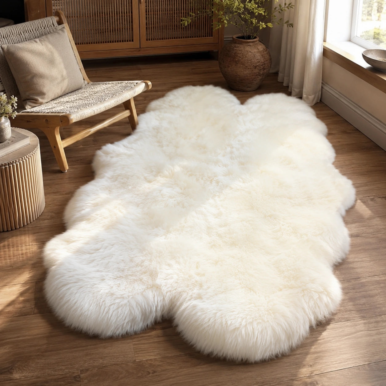 Ivory white Australian long-wool multi-pelt rug styled in a warm wood room