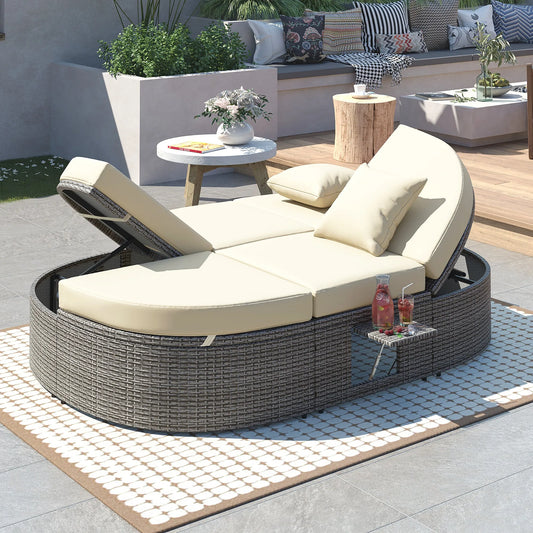 2-Person Rattan Outdoor Daybed with Adjustable Backrests – Beige – view 2